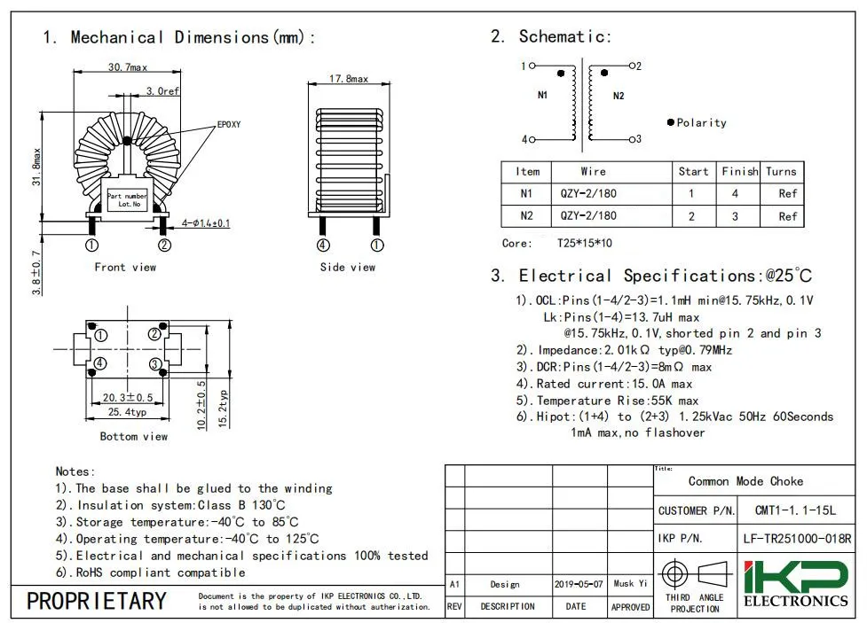 1.1mh Inductor de estrangulamiento de modo común para piezas de motocicletas