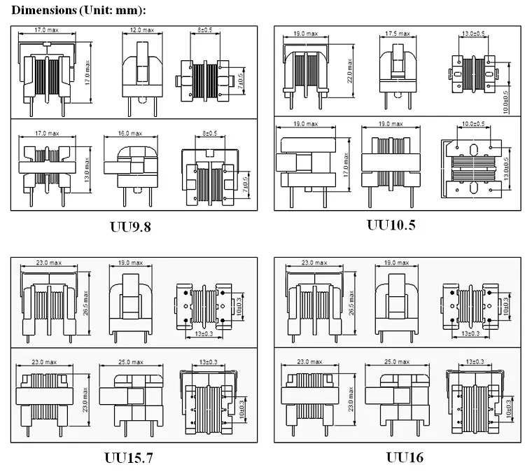 Inductores de estrangulamiento de modo común tipo EMI de tipo Uu9.8/Uu10.5/Uu15.7/Uu16