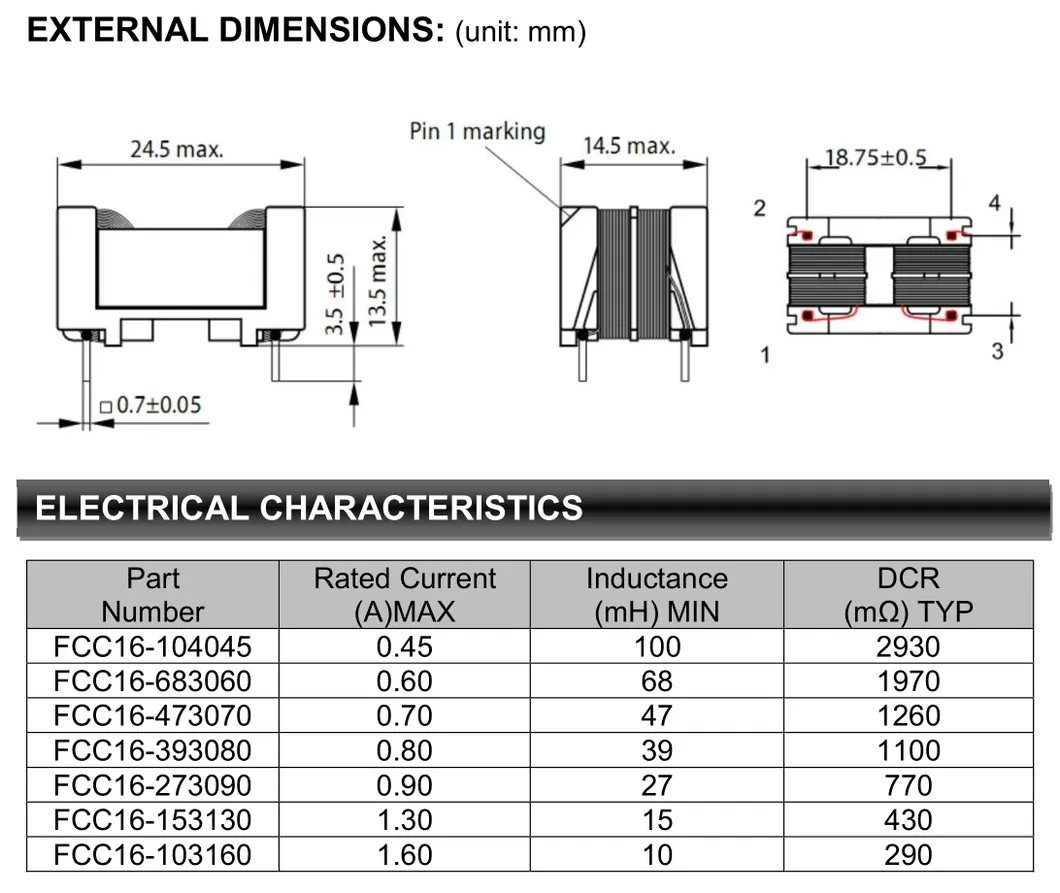 Inductor de filtro de modo común de núcleo de marco (serie FCC1614, 0,7A, 47mH)