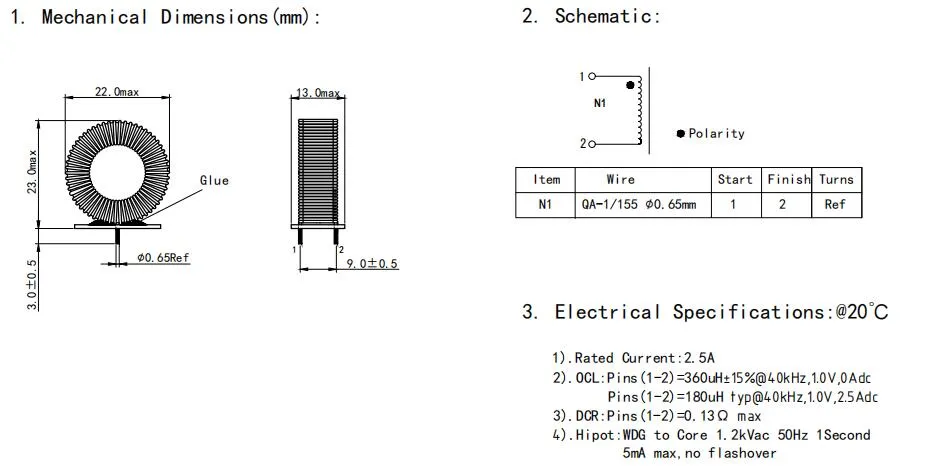 2.5A Inductor de entrada de corriente nominal de estrangulamiento en modo común para controladores de motores de PCB