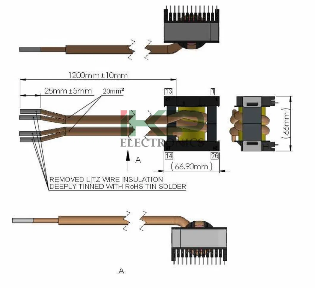 Transformador de potencia de alta frecuencia tipo Etd5922 con láminas de cobre y cables Litz utilizados para calentadores de inducción